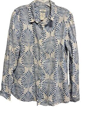 joie Linen Blouse Women's Size Large Blue White Long Sleeve Button Front